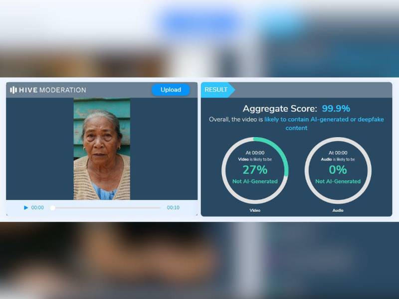 Captura de pantalla a los resultados de la herramienta Hive Moderation.