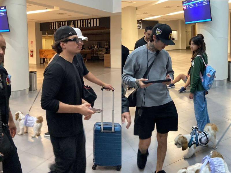 Gabito Ballesteros y Natanael Cano a su llegada al aeropuerto. Los artistas mexicanos compartirán escenario este lunes en Tegucigalpa.