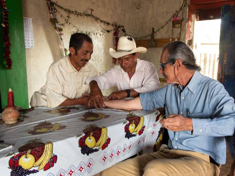 Don Lucas Gómez y don Desiderio Rodríguez, tamatines lencas, leen los pulsos a Jorge Federico Travieso (2019).