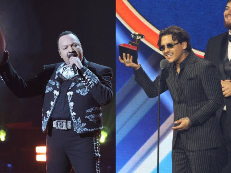 El cantante mexicano Christian Nodal celebra luego de ganar el Latin Grammy a Mejor Álbum de Música Ranchera este jueves, en Las Vegas. Por otro lado, una fotografía de su suegro, Pepe Aguilar durante su presentación en la misma premiación.