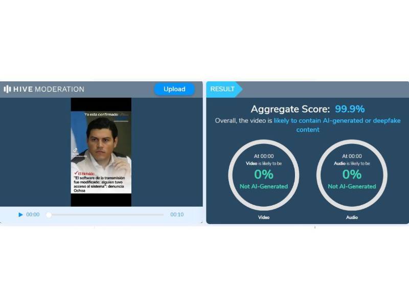 Captura de pantalla a los resultados de Hive Moderation sobre el análisis del video.
