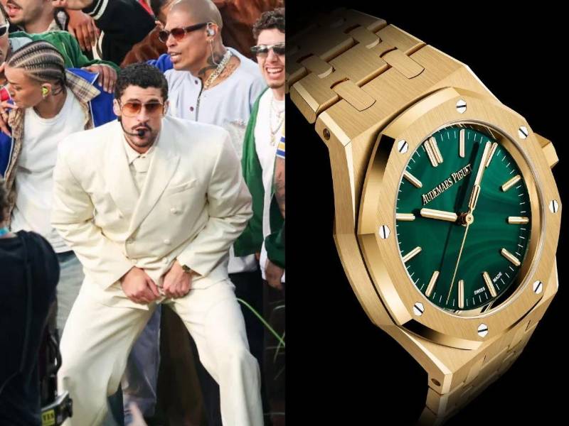 Bad Bunny durante el halftime del Super Bowl 2026 , luciendo su Audemars Piguet Royal Oak.
