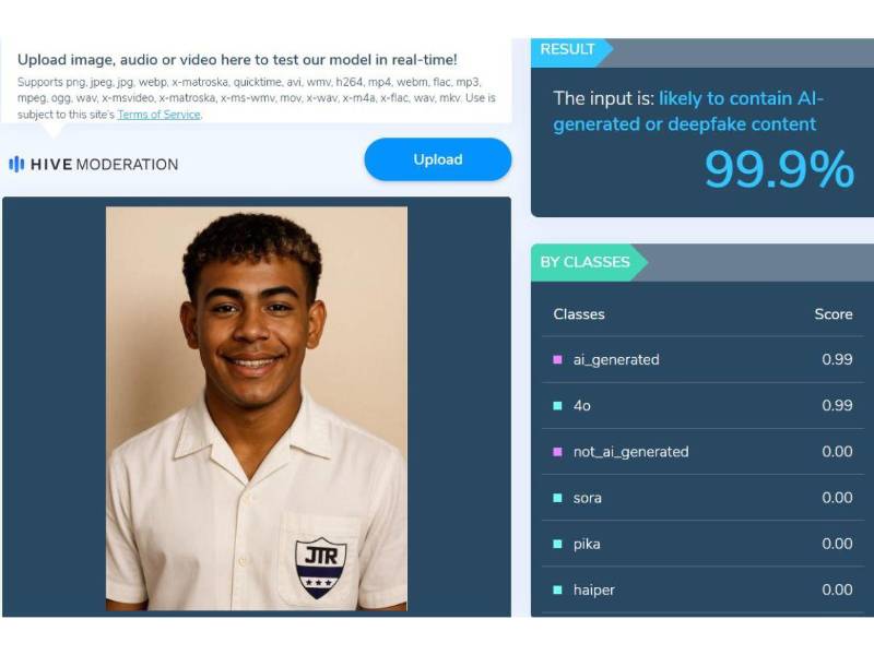 Captura de pantalla a los resultados de HIve Moderation sobre el análisis de la imagen.