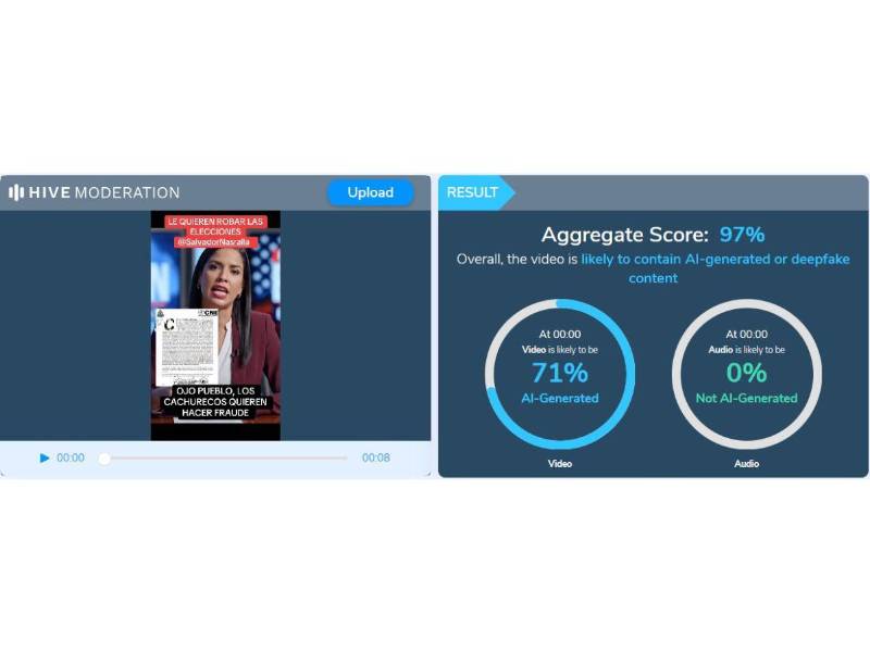 Captura de pantalla a los resultados de Hive Moderation sobre el análisis del video.