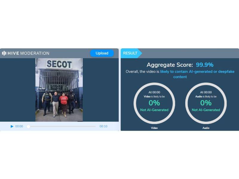 Captura de pantalla a los resultados de Hive Moderation sobre el análisis del video.