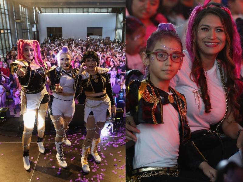 Antes de que sonara la primera nota, el espectáculo de las Guerreras K-Pop ya había comenzado en la fila. Decenas de niñas llegaron con trenzas moradas perfectamente elaboradas, pelucas fucsia y, algunas otras, con dos moñitos en cada costado de la cabeza. Looks que cualquier fanática reconoció de inmediato como el sello inconfundible de las chicas de HUNTR/X, el trío musical de K-Pop Demon Hunters.
