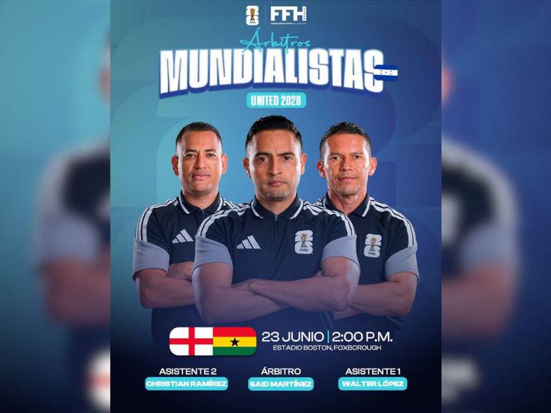 Terna arbitral catracha en el partido de Inglaterra contra Ghana, encabezada por Said Martínez.