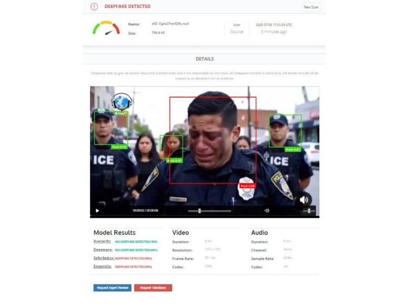 Captura de pantalla a los resultados de Deepware sobre el análisis de video.