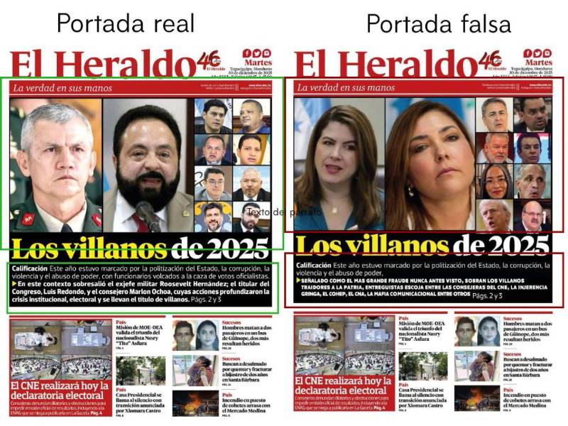 Diferencias entre la portada real y falsa de EL HERALDO de este martes 30 de diciembre del 2025.