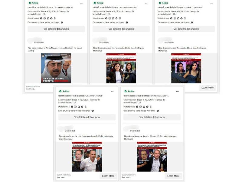 Captura de pantalla de Facebook Ad Library al contenido con publicidad activa del perfil desinformador.