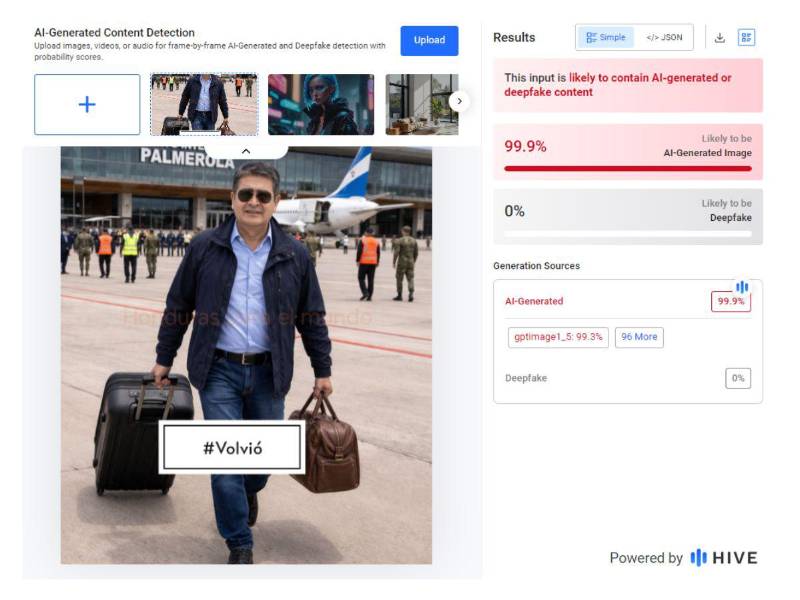 Captura de pantalla a los resultados de Hive Moderation sobre el análisis de la imagen.