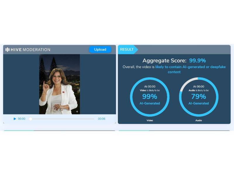 Captura de pantalla a los resultados de Hive Moderation sobre el análisis del video.