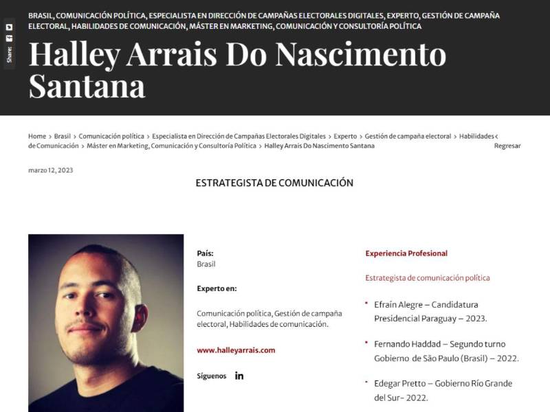 Halley Arrais Do Nascimento Santana se presenta como un experto en comunicación política.