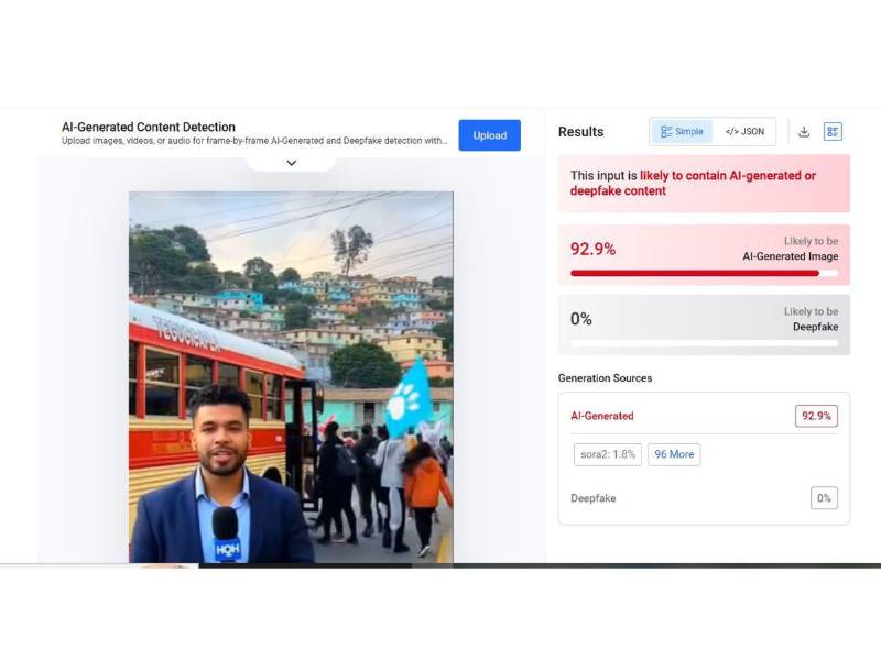 Captura de pantalla a los resultados de Hive Moderation sobre el análisis de la video.