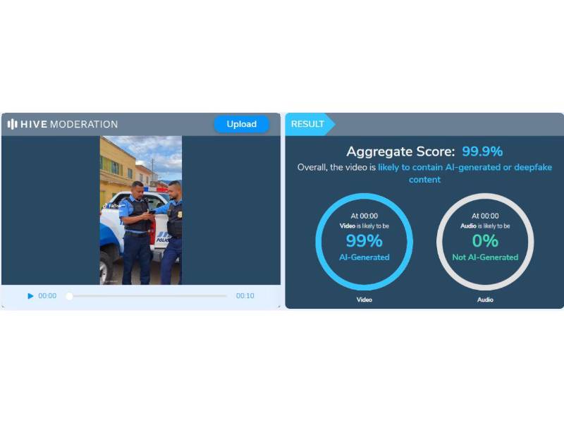 Captura de pantalla a los resultados de Hive Moderation sobre el análisis del video.