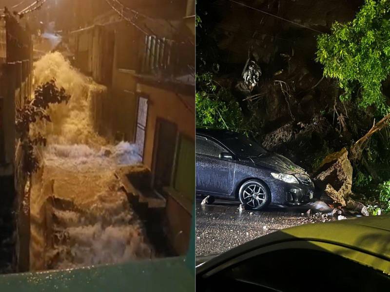 En la colonia San Francisco, una calle peatonal se convirtió en cascada tras las inundaciones. En la segunda imagen, un carro sufrió daños por un derrumbe de piedras y árboles.