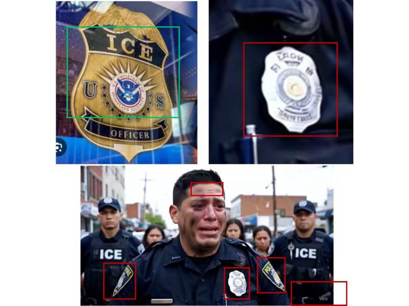 Captura de pantalla al logo de ICE en comparación a las inconsistencias detectadas en el video viral.