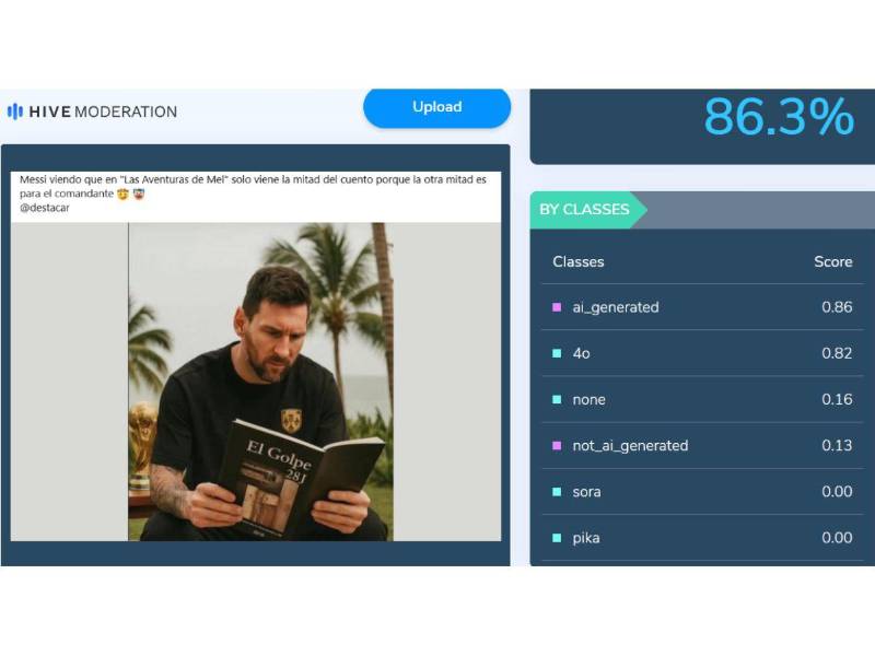 Captura de pantalla a los resultados de Hive Moderation sobre el analisis de la imagen.