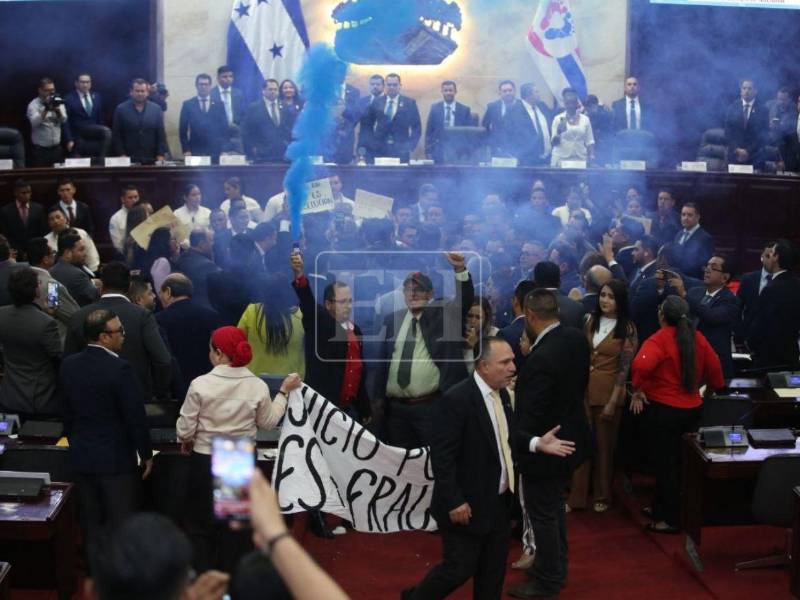 Miembros del partido Libre llevaron bombas de humo y hasta cohetes para evitar la aprobación del inicio del juicio político..