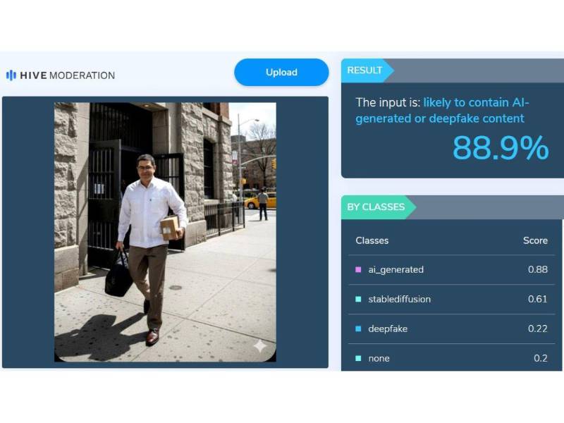 Captura de pantalla a los resultados de Hive Moderation sobre el análisis de la imagen.