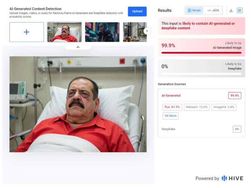 Captura de pantalla a los resultados de Hive Moderation sobre el análisis de la imagen.
