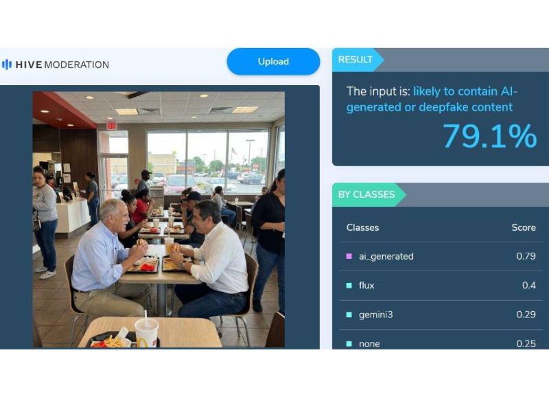 Captura de pantalla a los resultados de Hive Moderation sobre el análisis de la imagen.