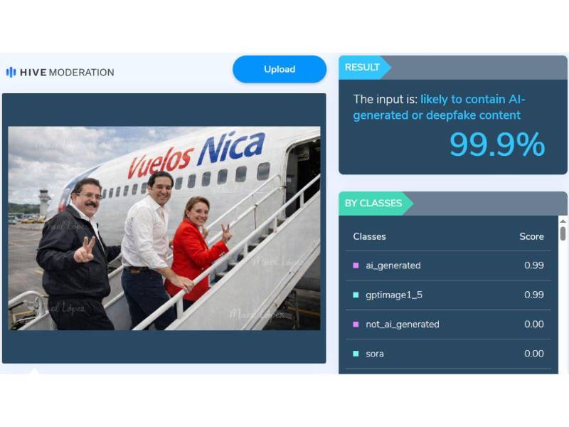 Captura de pantalla a los resultados de Hive Moderation sobre el análisis de la imagen.