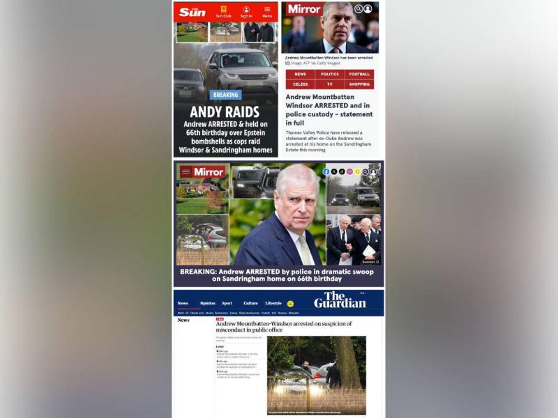 Capturas de pantalla que muestran las distintas reacciones de la prensa británica sobre la detención del expríncipe Andrés, este jueves.