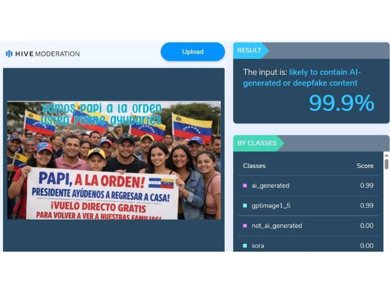 Captura de pantalla a los resultados de Hive Moderation sobre el análisis de la imagen.