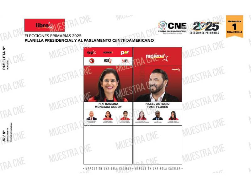 Así luce la papeleta presidencial oficial del Partido Libertad y Refundación (Libre) para las elecciones primarias.