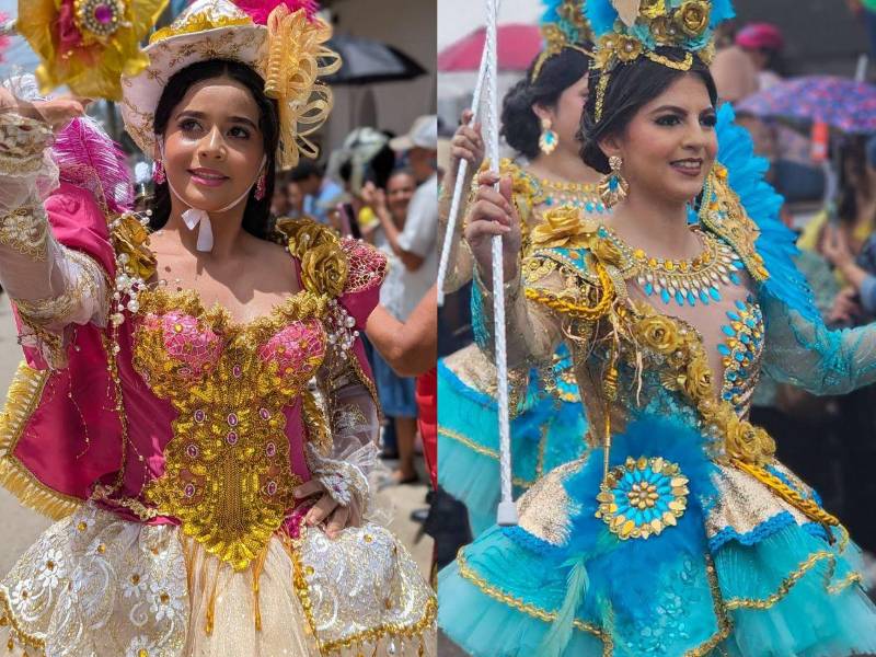 Tonos rosa, azul oscuro y celeste, flecos dorados y plumas exóticas son algunos de los detalles destacados en los trajes de las palillonas de Danlí, El Paraíso, conocidas por sus llamativos vestuarios y belleza que engalanan las fiestas patrias.