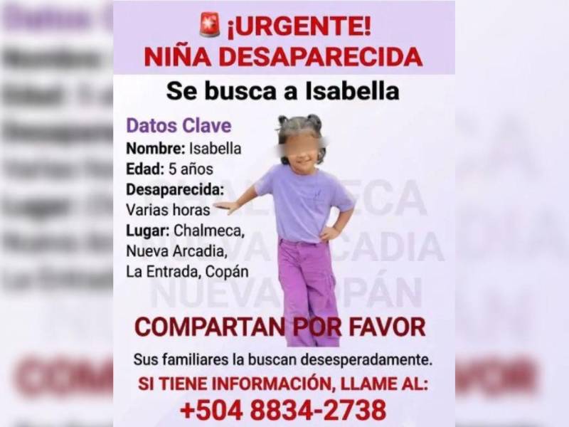 Afiche compartido por la familia de Isabella horas previas a dar con el paradero de la menor.