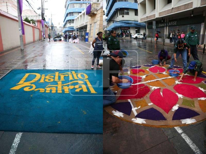 Desde finales de marzo, decenas de personas trabajan en la confección de estas alfombras sobre la avenida Miguel Ángel Cervantes, una de las principales arterias del Distrito Central. Así se van pintando las calles capitalinas: