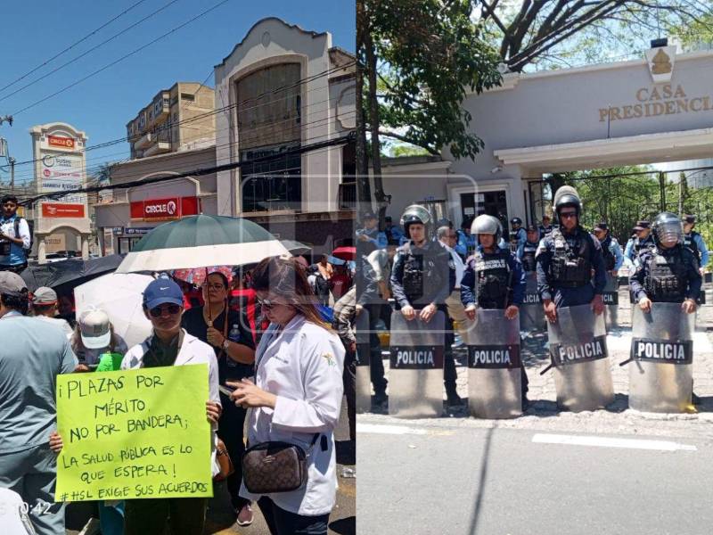 Bajo un fuerte resguardo de la Policía Nacional (PN), un numeroso grupo de médicos se concentró este miércoles -15 de abril- en las afueras de Casa Presidencial para exigir el respeto a sus derechos laborales.
