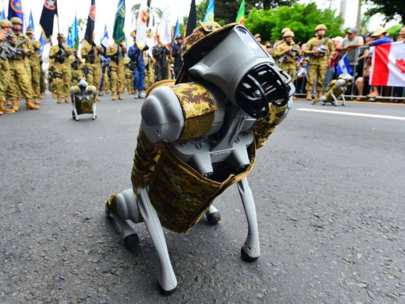 Los militares tuvieron este 15 de septiembre un particular acompañante en las calles de San Salvador: perros robot de la Fuerza Armada de El Salvador que avanzaron al frente del desfile de Independencia y captaron la atención de los asistentes.