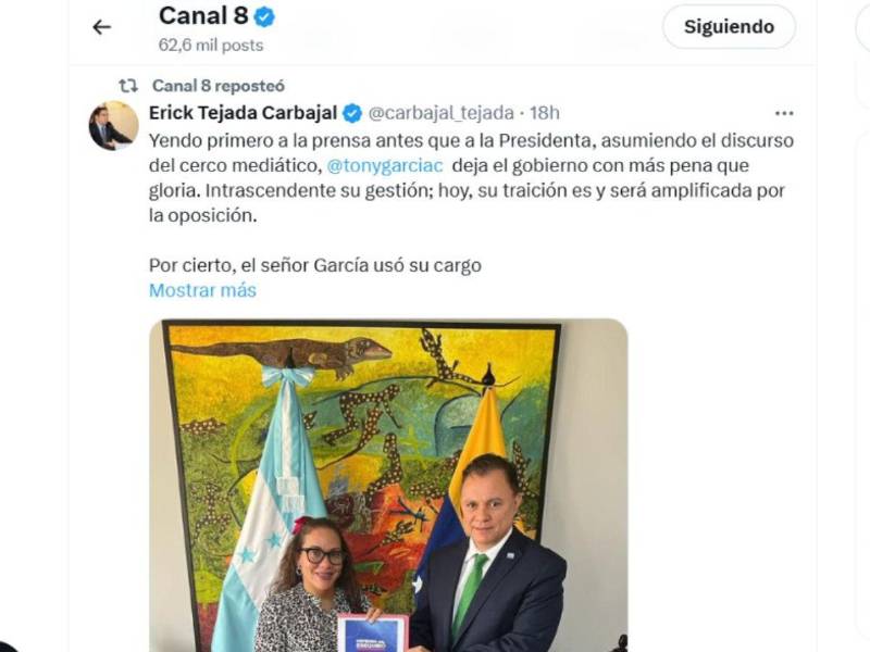 Captura de pantalla al resposteo de Canal 8 al perfil de Erick Tejada.