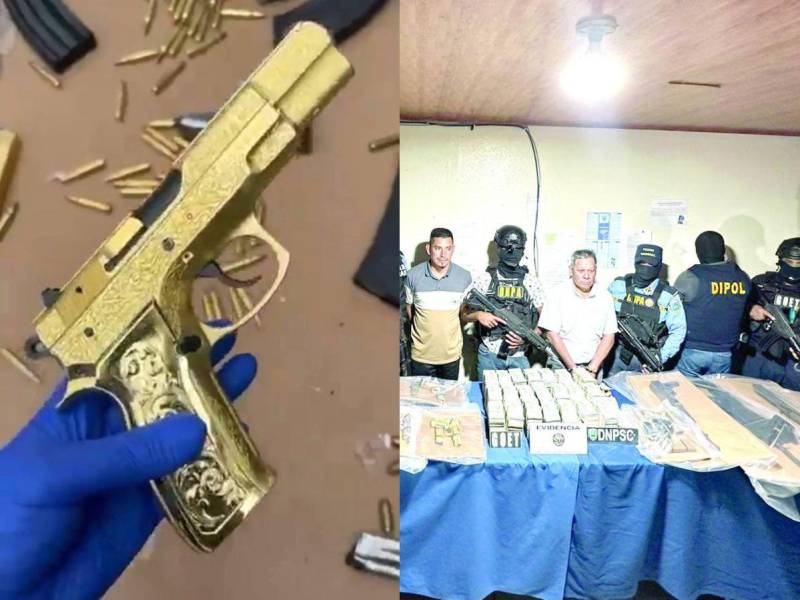 Dos hombres fueron capturados en un operativo realizado en Copán, donde las autoridades incautaron más de 2.1 millones de dólares en efectivo y un poderoso arsenal, incluyendo armas de fuego supuestamente bañadas en oro.