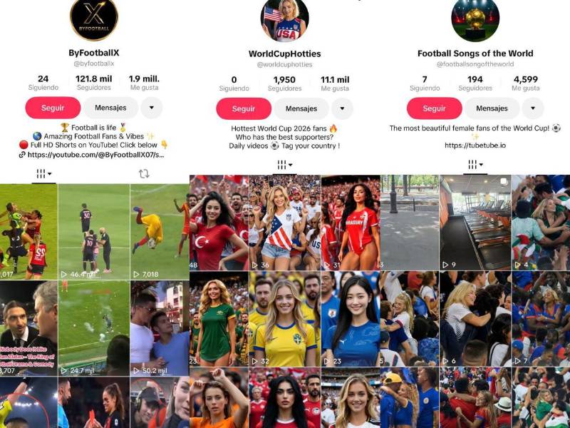 Collage con capturas de pantalla de perfiles en TikTok que crean aficionadas falsas.