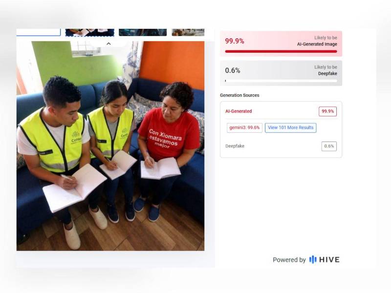 Captura de pantalla a los resultados de Hive Moderation sobre el análisis de la imagen hecha el 12 de agosto de 2026