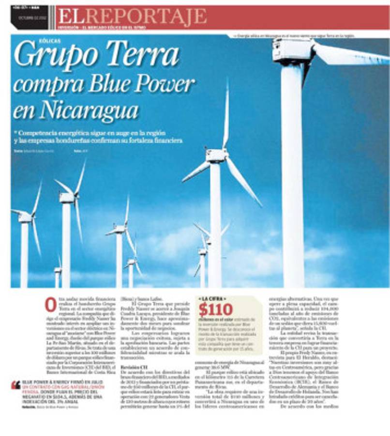 Grupo Terra compra eólica en Nicaragua
