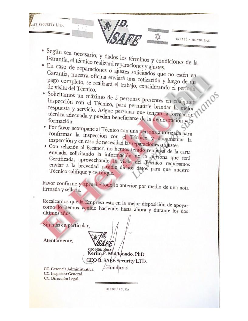 $!Entre la documentación en poder de la Unidad Investigativa de EL HERALDO Plus está una carta de la empresa proveedora en la que ratifica su presencia en Honduras.