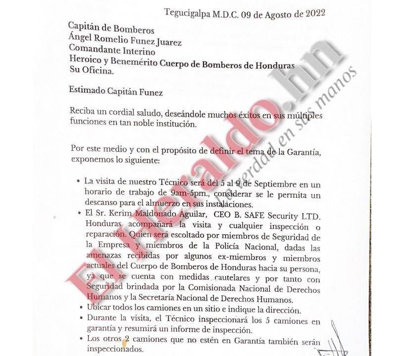 $!Carta en poder de la Unidad Investigativa de EL HERALDO Plus donde se informa que el CEO B Safe Security Ltd, Kerin Maldonado será resguardado con seguridad para realizar la inspección de las unidades, por encontrarse bajo amenaza.