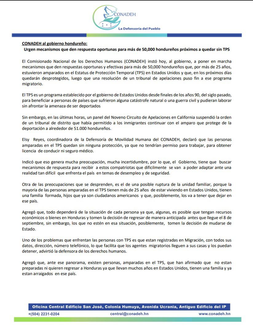 El Comisionado de los Derechos Humanos se pronunció mediante un comunicado sobre la situación de los hondureños amparados con el TPS.