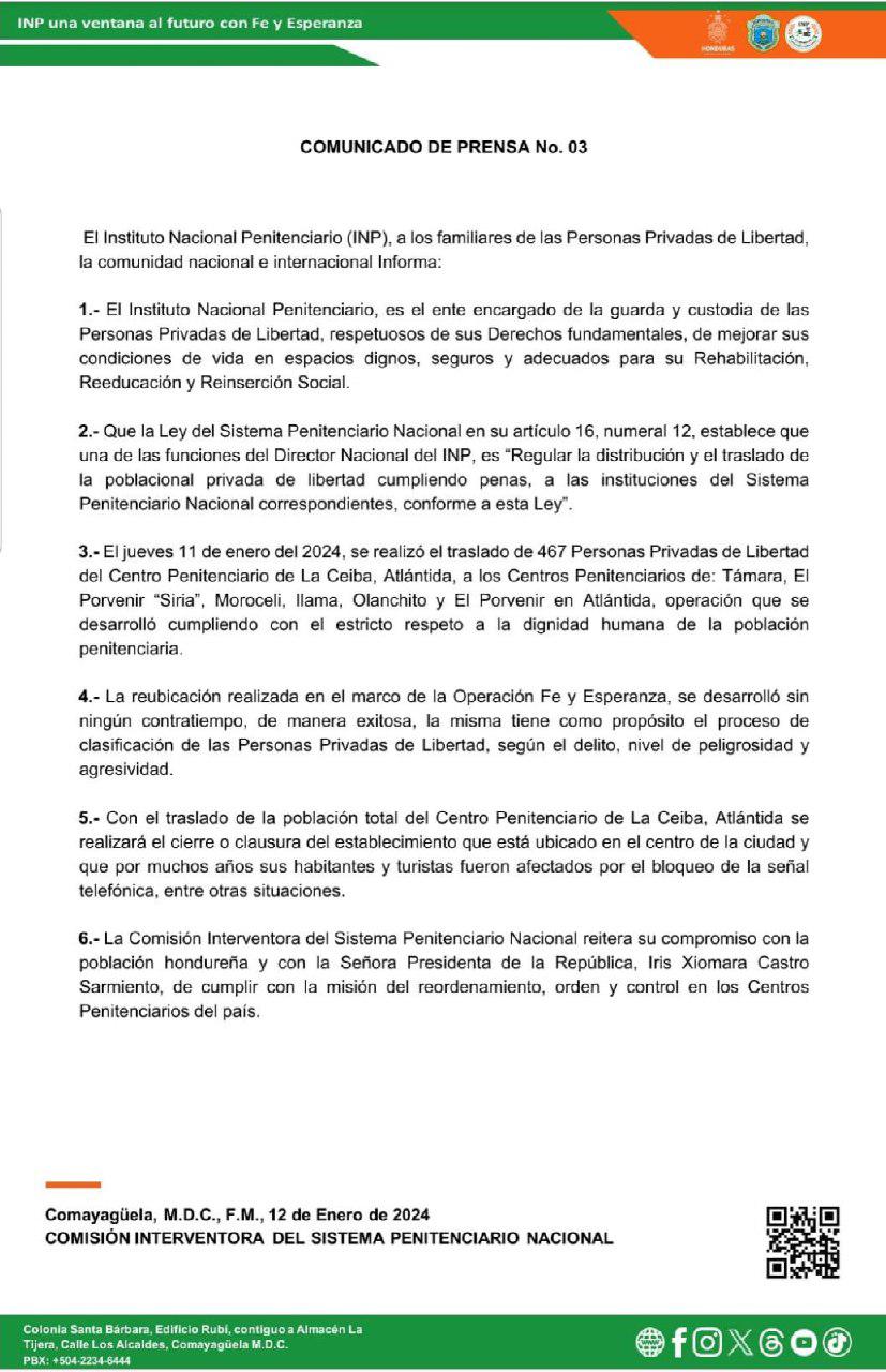 Realizan traslado de más de 400 reos tras cierre de cárcel en La Ceiba
