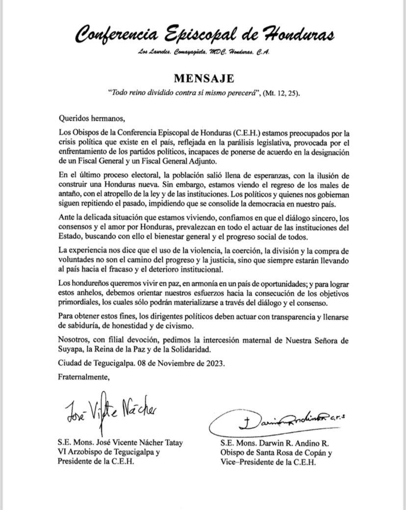 Comunicado de Conferencia Episcopal sobre crisis política del país