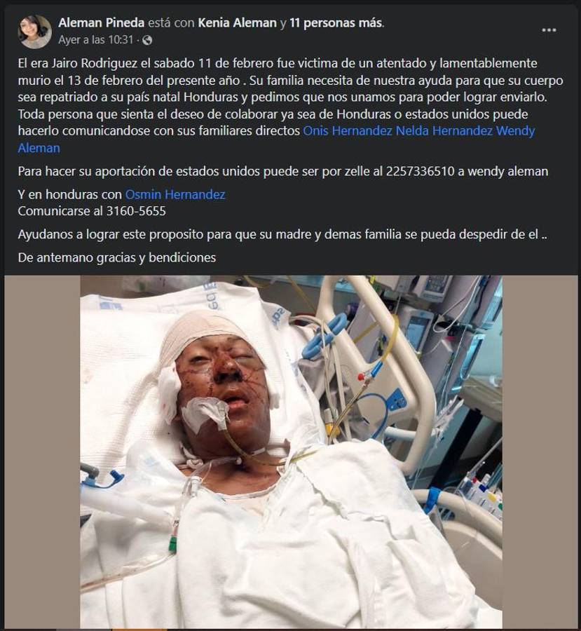 Muere hondureño que salió herido en atentado contra su hijo en Estados Unidos