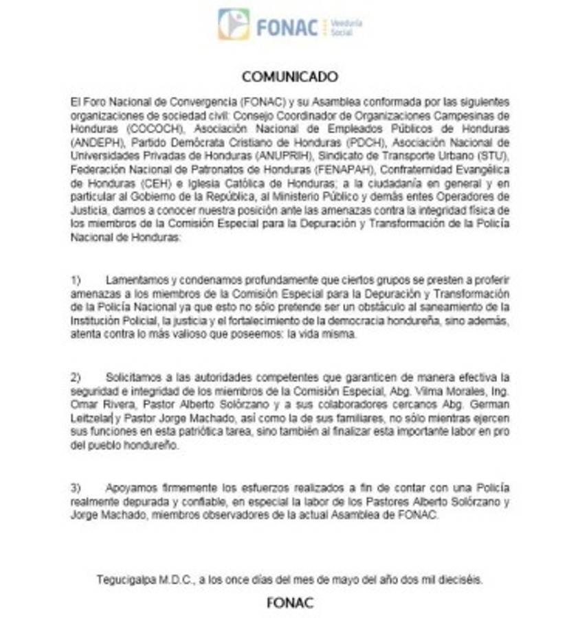 Comunicado de la asamblea del Foro Nacional de Convergencia.