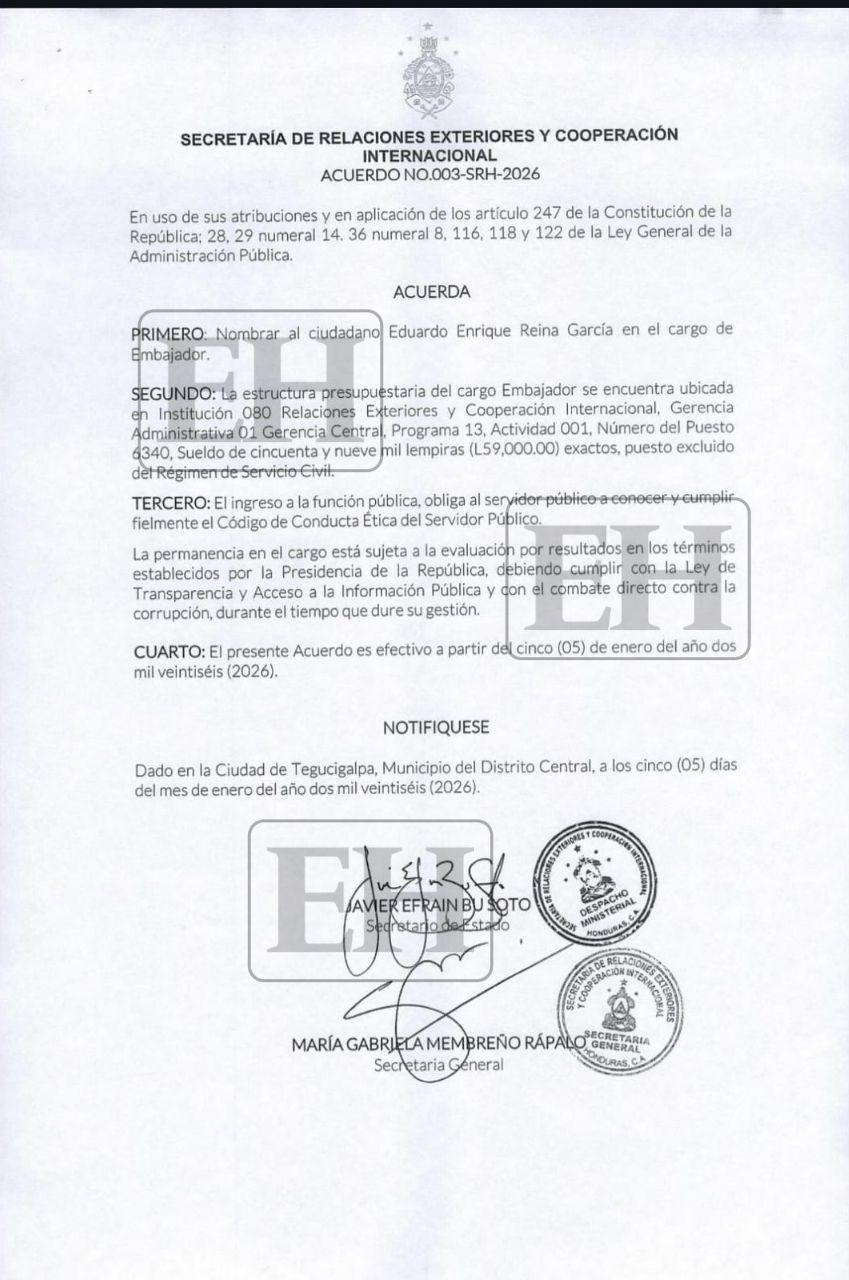 El 5 de enero, Eduardo Enrique Reina fue nombrado embajador con un salario mensual de 59,000 lempiras al mes.