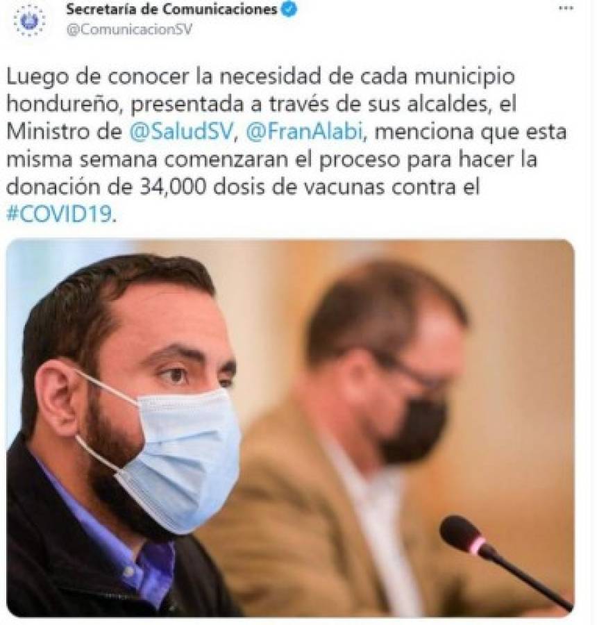 El proceso de entrega iniciará esta misma semana, dijo el ministro de Salud salvadoreño. Foto: Twitter@comunicacionSV