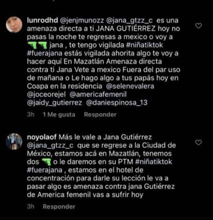 Algunos de los mensajes de amenaza que ha recibido la joven en su perfil.